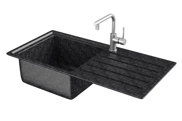 Lavello moderno della cucina del granito con il rubinetto dell'acqua dell'acciaio inossidabile, Fauc — Foto Stock