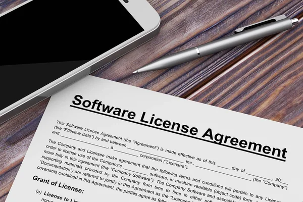 Contrato de licença de software com telefone celular e caneta. Renderi 3d — Fotografia de Stock