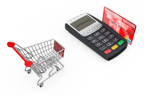Nákupní košík blízko kreditní kartou platební terminál. 3D vykreslování — Stock fotografie