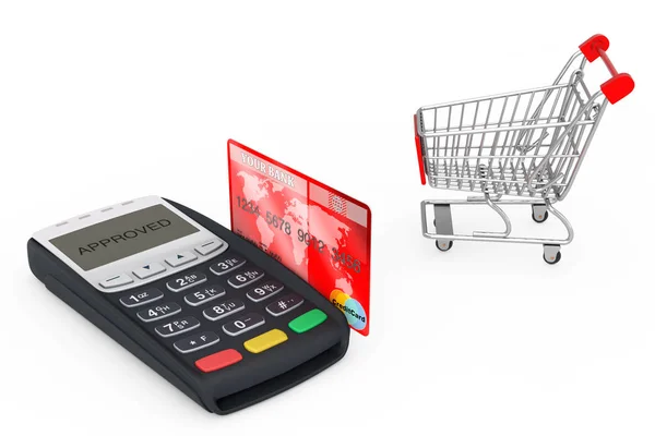 Shopping Cart near Credit Card Payment Terminal. 3d Rendering — Stock Photo, Image