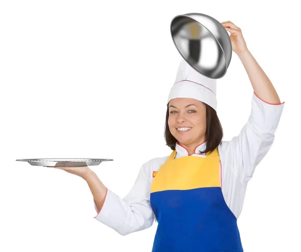 Piękna młoda kobieta Chef z Restaraunt Cloche — Zdjęcie stockowe