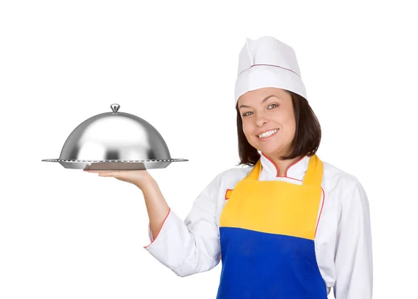 Hermosa mujer joven chef con Restaraunt Cloche —  Fotos de Stock