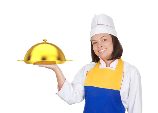 Beautiful Young Woman Chef with Golden Restaraunt Cloche — Stock Photo, Image
