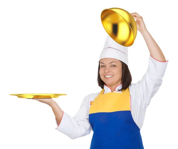 Mooie jonge vrouw chef-kok met gouden Restaraunt Cloche — Stockfoto