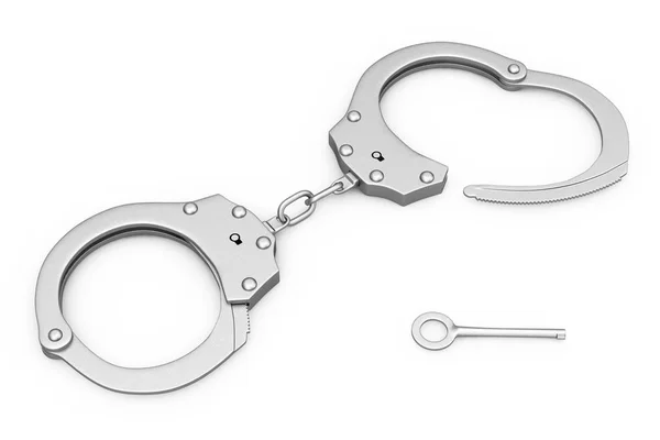 Brottslighet och begrepp. Metall handbojor. 3D-rendering — Stockfoto