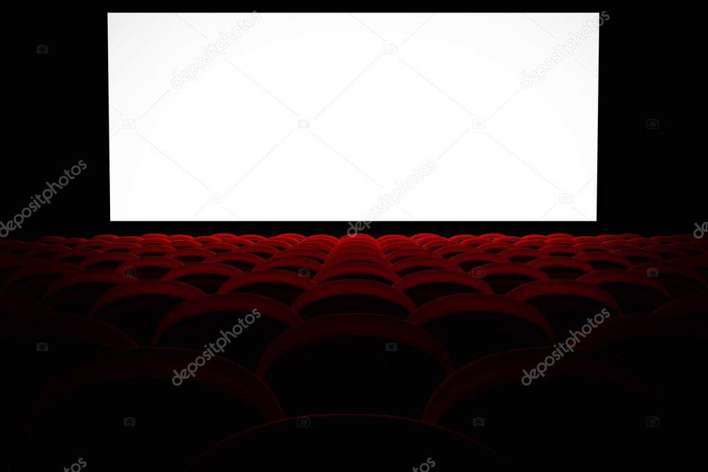 Movie Theater with Rows of Red Cinema Comfortable Chairs and Bla