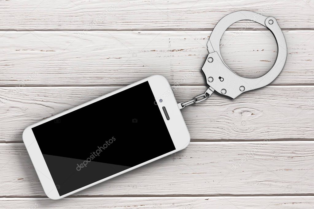 Mobile Phone Chained to Metal Handcuffs. 3d Rendering