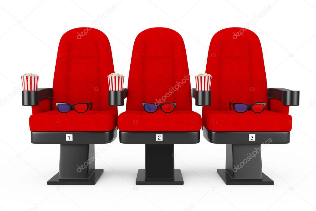Red Cinema Movie Comfortable Chairs with Popcorn and 3d Glasses.