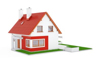 Kırmızı çatı ve yeşil çim ile Modern yazlık ev cephe. 3D