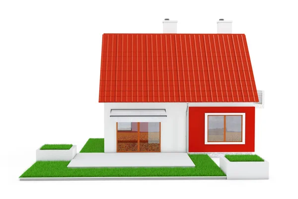 Facade of Modern Cottage House with Red Roof and Green Grass. 3d — Stock Photo, Image