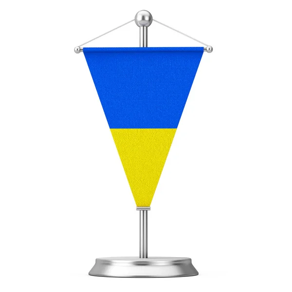 Bandeira de mesa de tecido Ucrânia no pedestal de torre de aço. Renderização 3d — Fotografia de Stock