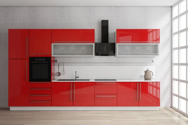 Muebles de cocina rojos modernos con utensilios de cocina cerca de la ventana. 3d Re — Foto de Stock