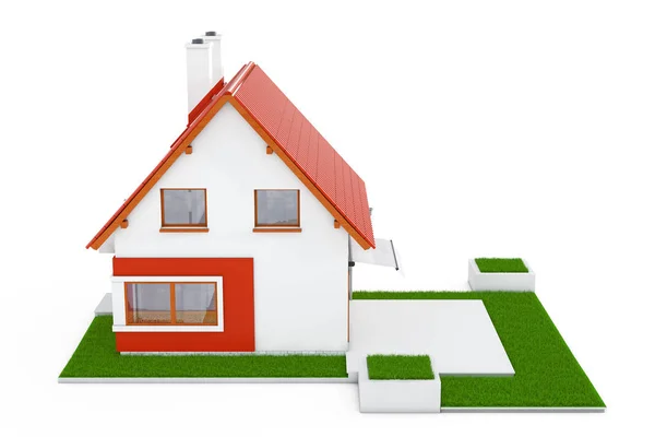 Facade of Modern Cottage House with Red Roof and Green Grass. 3d — Stock Photo, Image