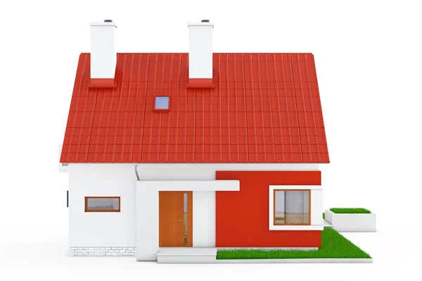 Facade of Modern Cottage House with Red Roof and Green Grass. 3d — Stock Photo, Image