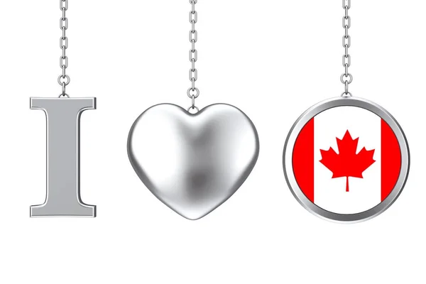 Hanging by Chain I Love Canada Sign as Silver Heart and Badge wi — Stock Photo, Image