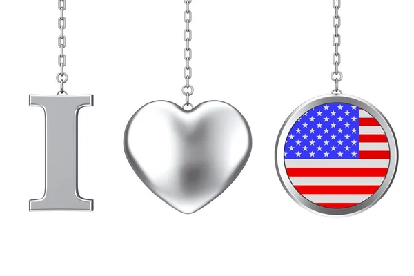 Appeso per catena I Love USA segno come cuore d'argento e distintivo con — Foto Stock