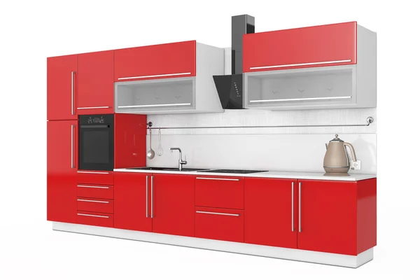 Современная мебель из красной кухни с кухонными принадлежностями. 3D-рендеринг — стоковое фото