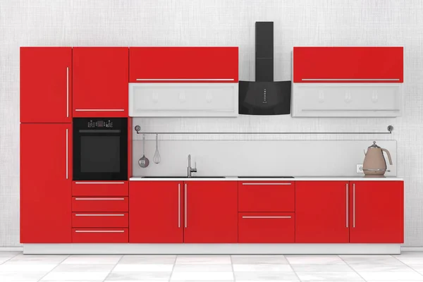 Meubles de cuisine rouges modernes avec ustensiles de cuisine. Rendu 3d — Photo