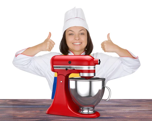 Beautiful Young Woman Chef Show Thumbs Up near Red Kitchen Stand — Stock Photo, Image