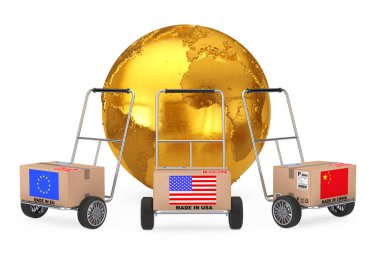 Çin, ABD ve AB bayrağı el arabası G yakınındaki üzerine karton kutu