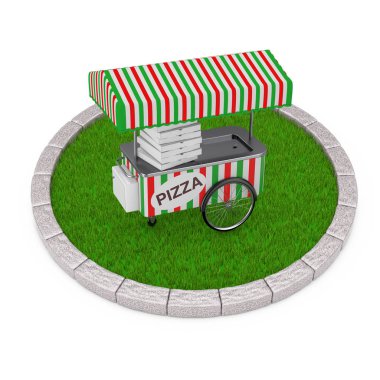 Yoğun yeşil çim yuvarlak arsa üzerinde pizza tramvay arabası. 3D parçalamak