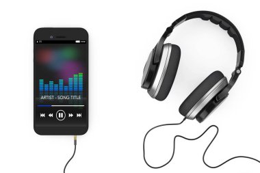 Kulaklık cep telefonu müzik çalma listesi ile yakın. 3D render