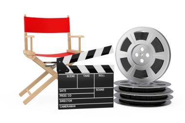 Sinema endüstrisi kavramı. Kırmızı yönetmen koltuğu, film Clapper ve F