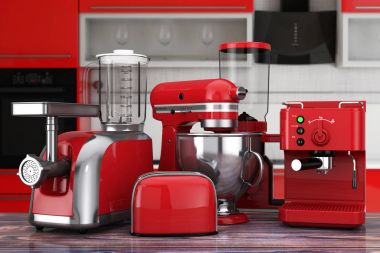 Mutfak aletleri ayarlayın. Kırmızı Blender, ekmek kızartma makinesi, kahve makinesi, beni