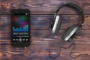 Kulaklık cep telefonu müzik çalma listesi ile yakın. 3D render