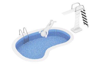 3D kişi yüzme havuzu için atlama tahtasından atla. 3D render