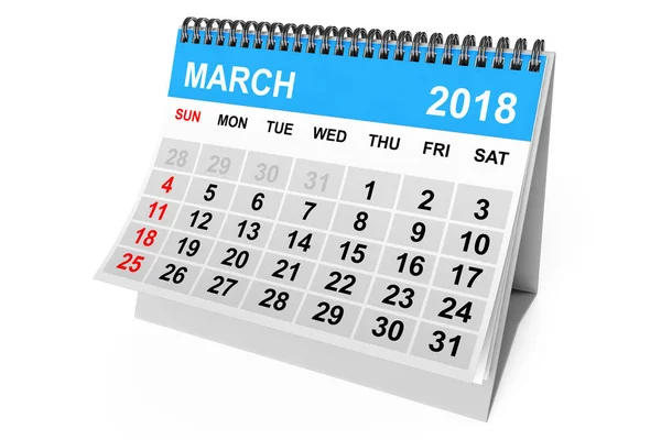 Calendário Março de 2018. Renderização 3d — Fotografia de Stock