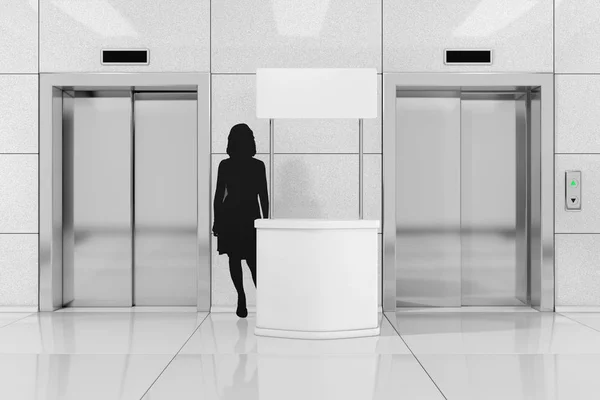 Blank Promotion Stands with Woman Silhouette near Modern Elevato — Stock Photo, Image