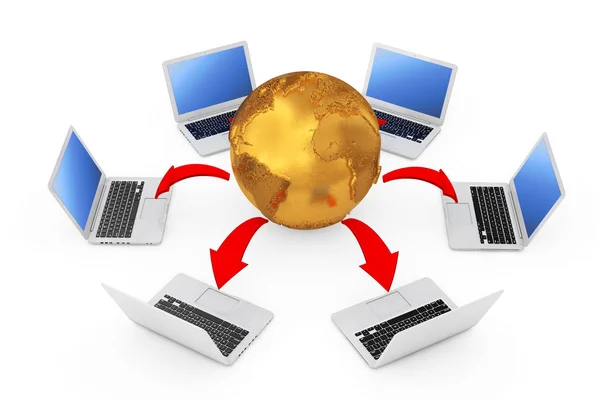 Laptops die zijn gerangschikt in een cirkel rond gouden Earth Globe met gloed — Stockfoto