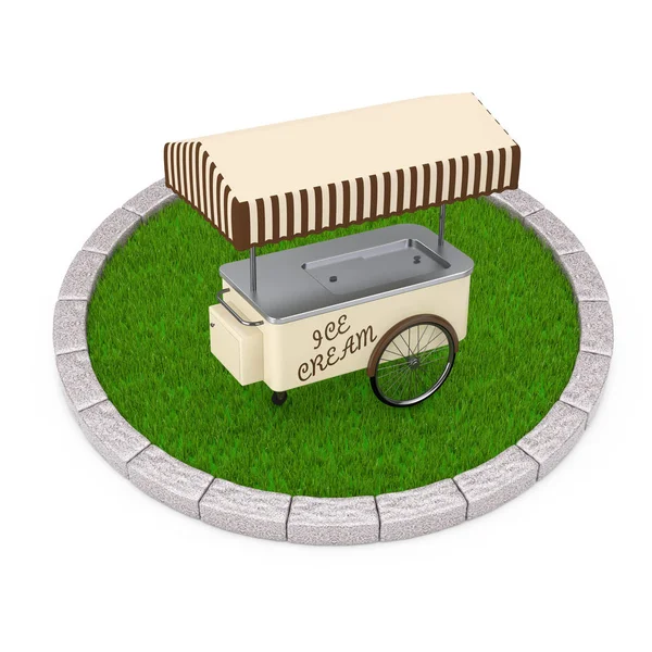 Ice Cream Cart over Round Plot of Dense Green Grass. 3d Renderin — Stock Photo, Image