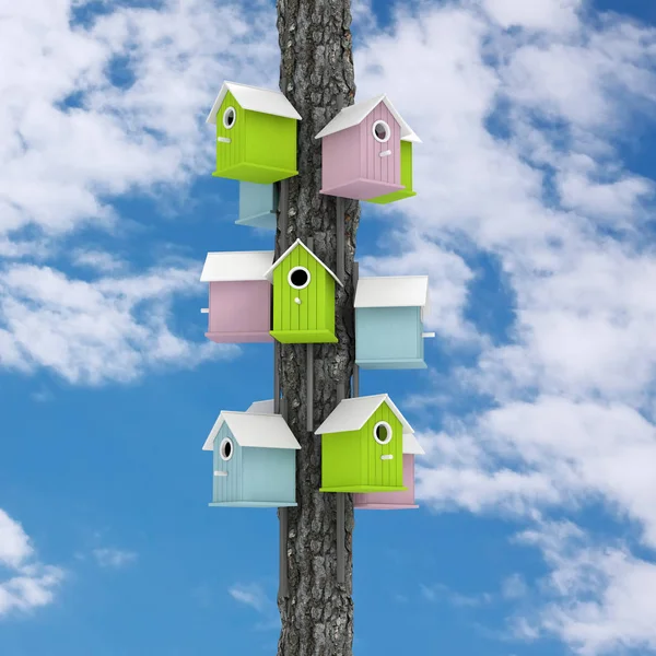 Wiele z mało kolorowy drewniany Birdhouses nad drzewa Post. 3D Ren — Zdjęcie stockowe