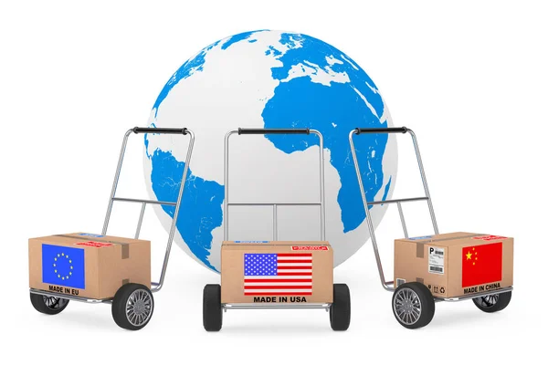 Scatola di cartone con Cina, USA e bandiera UE sul camion a mano vicino E — Foto Stock