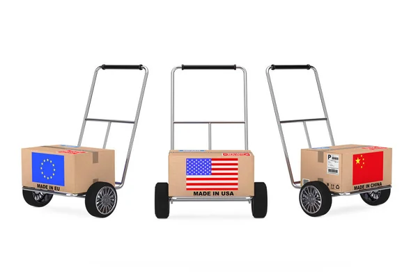 Kartong med Kina, Usa och Eu-flaggan över Hand lastbil. 3D re — Stockfoto