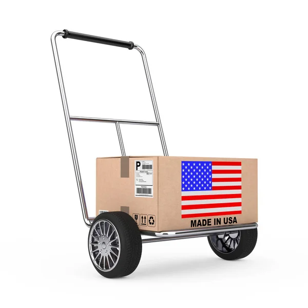 Scatola di cartone con bandiera USA sul camion a mano. 3d Rendering — Foto Stock