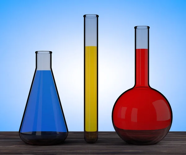 Kolvar för labb glas med kemikalier vätska. 3D-rendering — Stockfoto