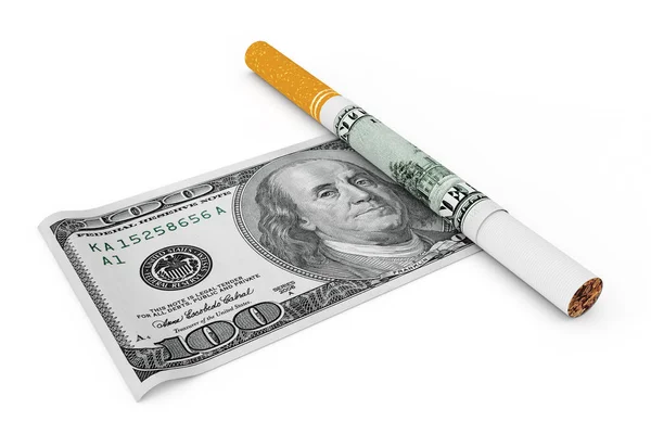 Cigarette couverte de billets en dollars. Rendu 3d — Photo