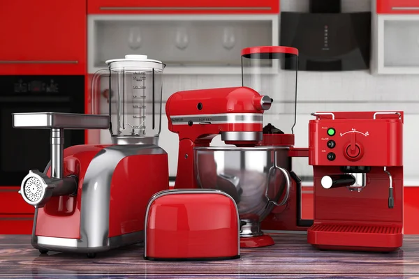 Kitchen Applications Set. Red Blender, Toaster, Cofee Machine, Me — стоковое фото