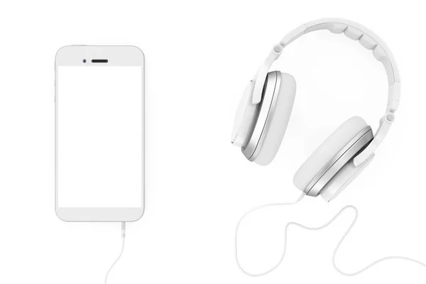 Auriculares cerca del teléfono móvil con pantalla táctil en blanco para el tuyo De —  Fotos de Stock