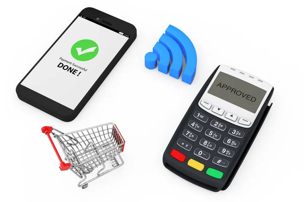 Wireless Payment Concept. Shopping Cart near Mobile Phone with P — Stock Photo, Image