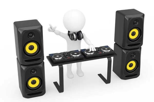 3D-diskjockey van de persoon met een draaitafel, luidsprekers en hoofdtelefoons — Stockfoto