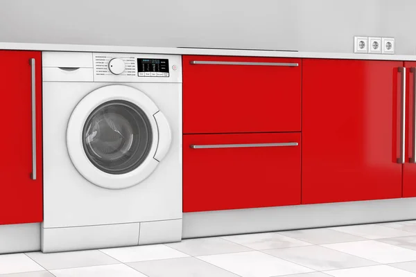 세탁기에 빨간색 현대 부엌입니다. 3 차원 렌더링 — 스톡 사진