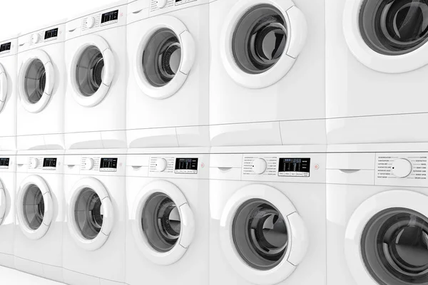 Rad moderna tvättmaskiner. 3D-rendering — Stockfoto