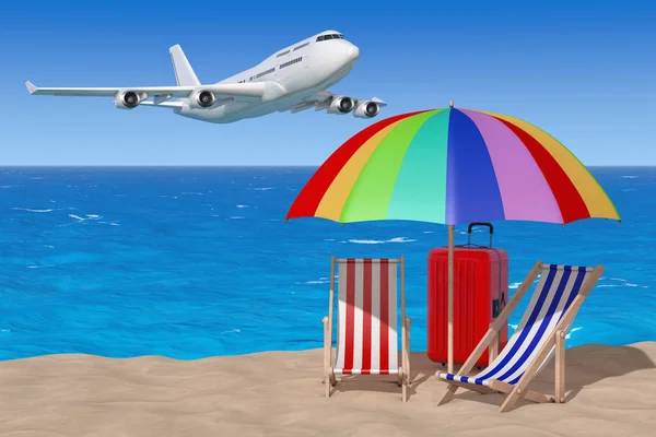 Semester-konceptet. Flygplan som flyger till strandstolar med paraply — Stockfoto