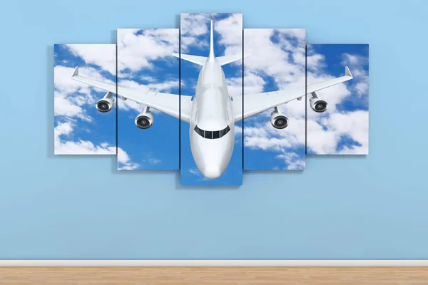 Flygplan på himlen affischen i tomt rum på blå. 3D-rendering — Stockfoto