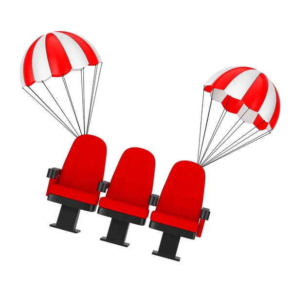 Red Cinema Movie Theater Comfortable Chairs Falling by Parachute — Stock Photo, Image