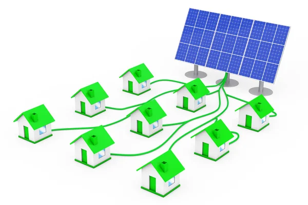 グリーン エネルギーの概念。太陽電池パネルに接続されている多くの家. — ストック写真